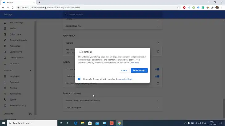 Reset Chrome to Default Settings